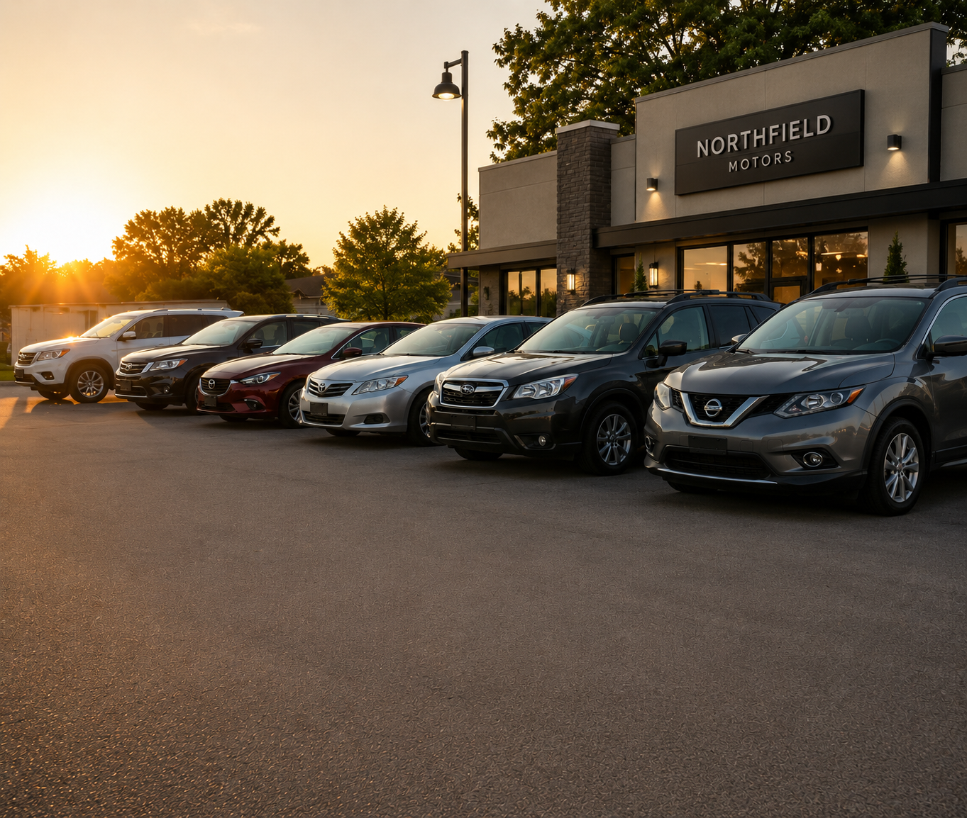 Used-car dealership lot at golden hour